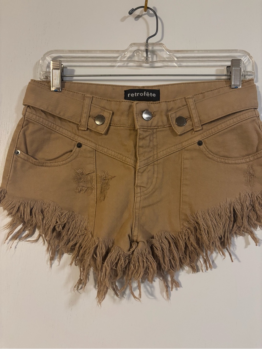 Retrofete Khaki Fringed Low-Rise Denim Shorts